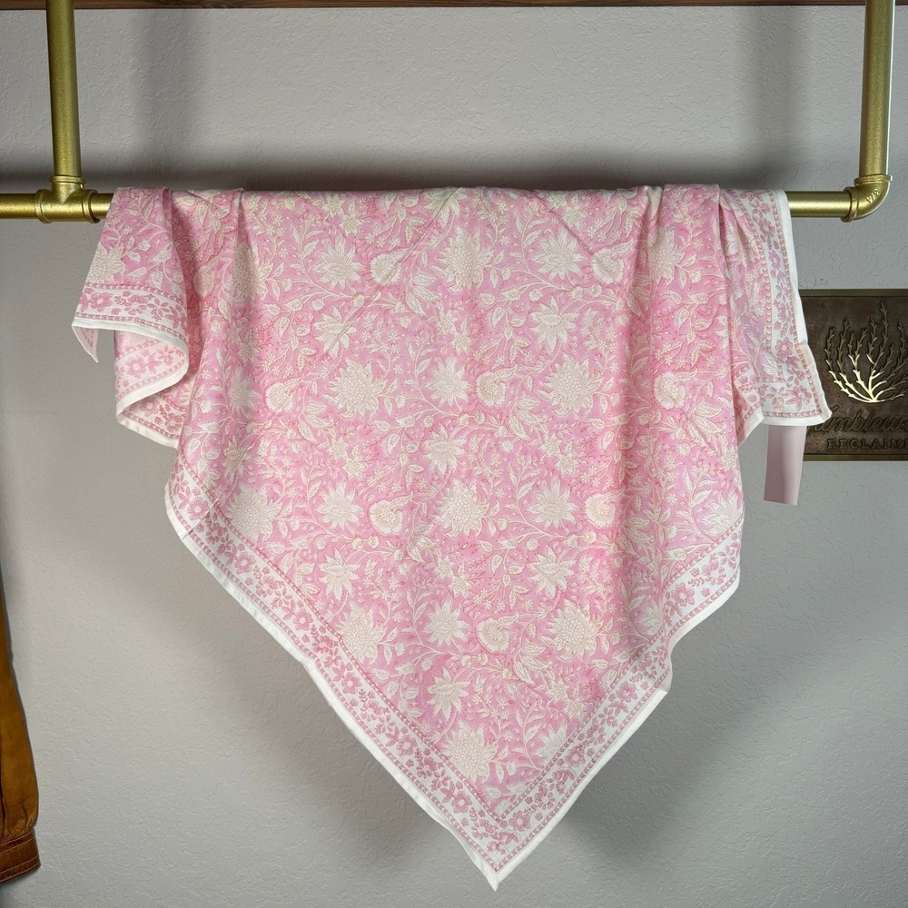 POL Pink Floral Hand Block Print 100% Cotton Square Scarf SMQE16 New - Picture 3 of 10